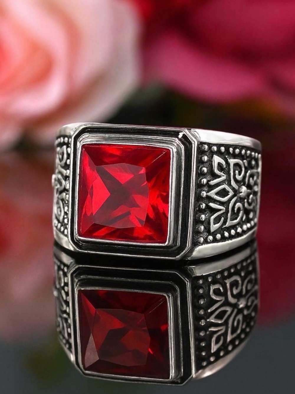 Men's 925 Silver Red Stone Statement Ring